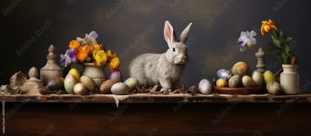 Fototapete Preparations for Easter include a wooden tray adorned with painted eggs and accompanied by a paper rabbit creating a visually appealing copy space image