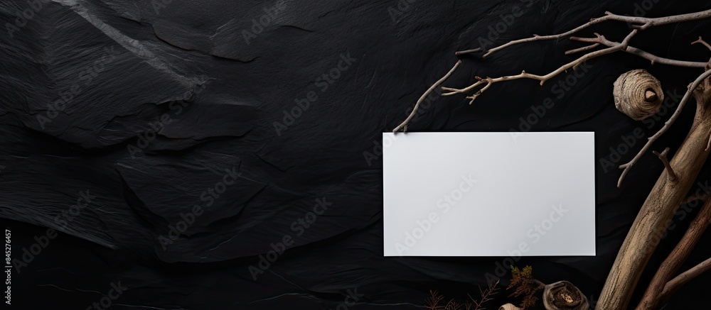 Fototapete a copy space image featuring a pencil dry branch and blank paper placed on a black plaster backgroun