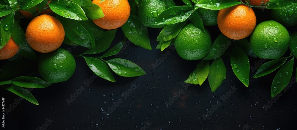 Poster the dark background showcases a plethora of orange tangerines with vibrant green leaves viewed from 