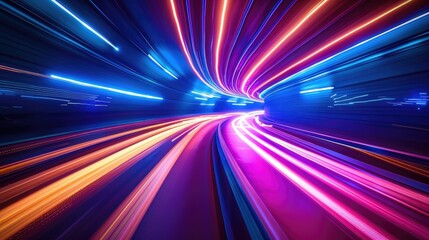 A vibrant, dynamic light trail emerging from a central point, shades of blue, purple, pink, and orange sense of energy and futuristic technology