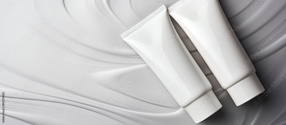 Poster a top view of two cream or lotion tubes made of plastic and in white color placed on a white towel t