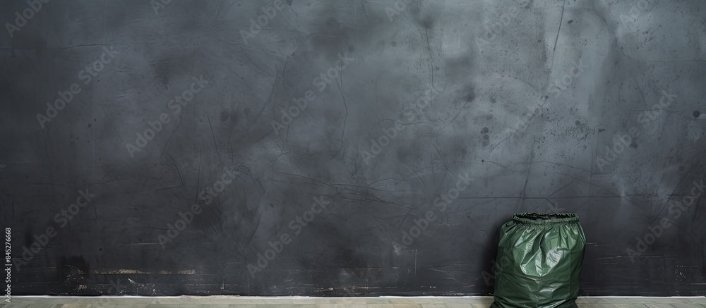 Aufkleber A black garbage bag sits against a green cement wall with a gray bare mortar floor The image provides copy space for adding text The concept highlights the importance of disposing of garbage correctl