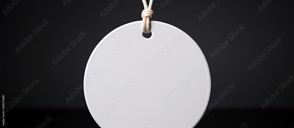 Aufkleber close up of a white round label mockup with a white cord the blank paper price tag is isolated on a 