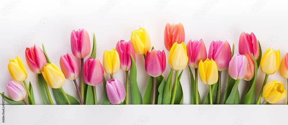 Poster A greeting card adorned with vibrant pink and yellow tulips set against a clean white background providing ample copy space for adding personalized messages or images