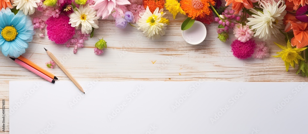 Leinwandbilder From an aerial view there is a work table in an office space featuring a notepad vibrant pencils various supplies and a lovely flower Ample copy space is available