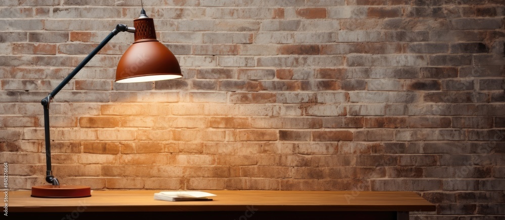 Aufkleber A sleek desk lamp with a modern design sits on a white wooden table positioned next to a textured brick wall There is ample room for adding text or images