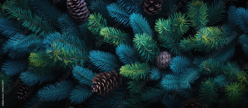 Poster Colorful festive background made of fir tree branches capturing the essence of the Christmas holiday with ample copy space for creative additions