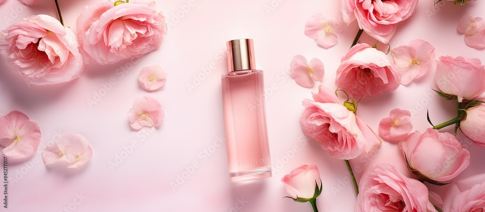 Poster a pink background adorned with rose flowers hosts a flat lay arrangement showcasing bottles of serum