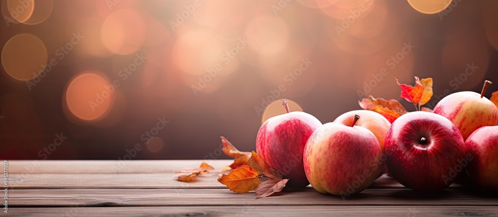 Aufkleber autumn themed apples are placed on a wooden table against a blurred background with a bokeh effect c