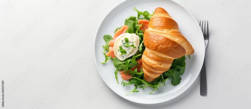 Poster a healthy breakfast concept featuring a croissant sandwich with cream cheese salmon and arugula show