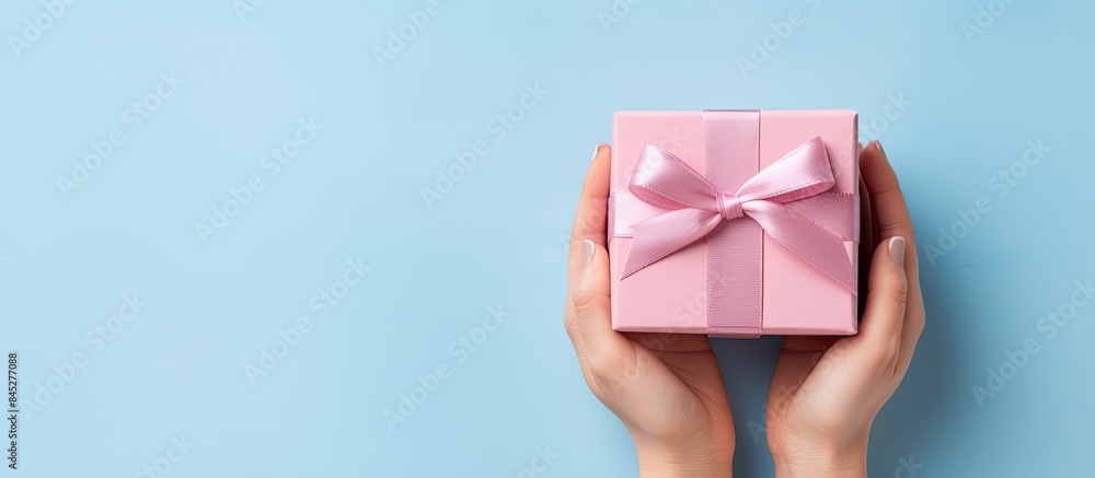 Poster a top down copy space image depicting a child s hands holding a small blue gift box wrapped with a r