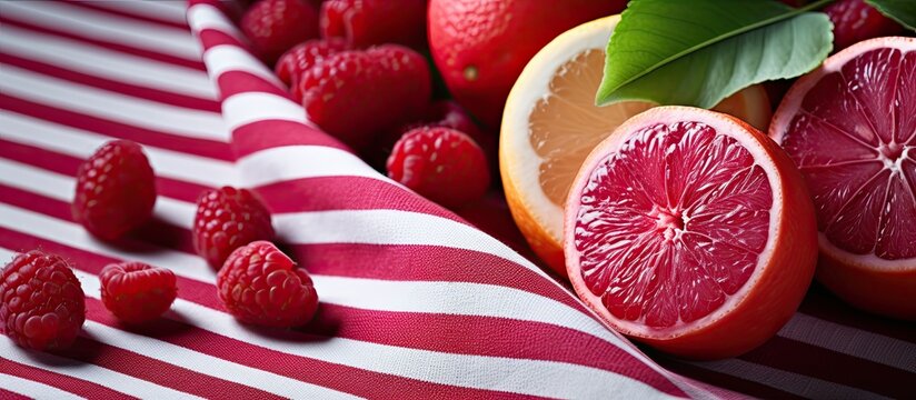 A vibrant assortment of pink lemons and fresh red currents arranged beautifully on a striped towel creating a captivating image for copy space