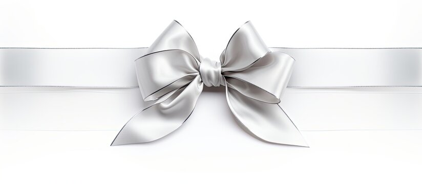 A silver shiny satin ribbon bow with ribbon is positioned by the corner of a frame creating an isolated copy space image on a white background suitable for a holiday theme