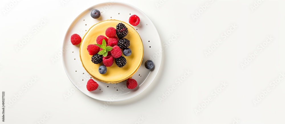 Poster A top down view of a cheesecake adorned with fresh berries and mango placed on a light gray plate against a white backdrop offering space for your text. Creative banner. Copyspace image