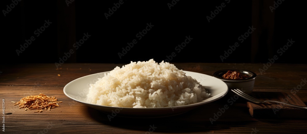 Poster ready to be eaten the rice is displayed in a white square dish on a dark wooden table illuminated by