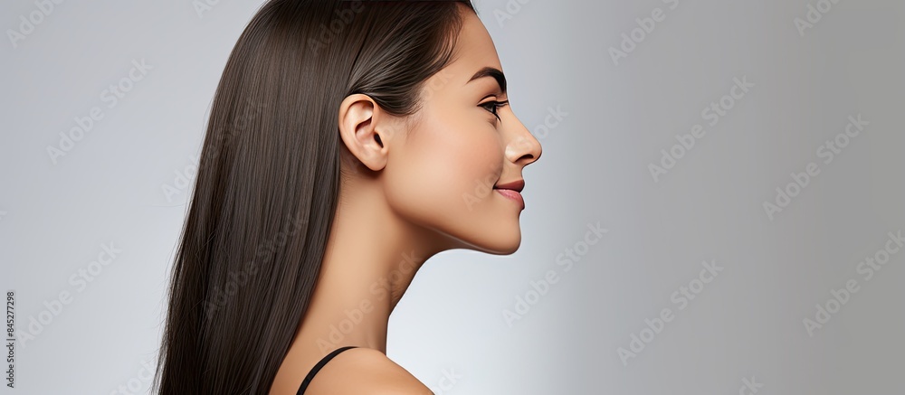 Poster a beautiful woman with flawless skin straight hair and a candid expression is pictured in a side pro
