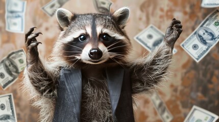 A raccoon wearing a suit stands with arms raised as dollar bills rain down around it.