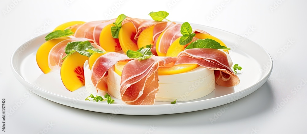 Poster a healthy eating concept is depicted in the image showing rolls of mozzarella basil and parma ham pl