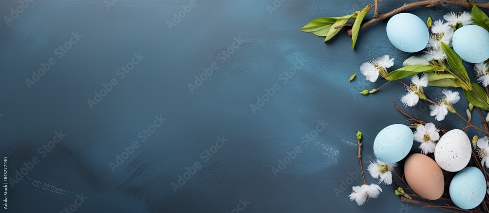Leinwandbilder an easter themed scene featuring a blue background adorned with willow branches colorful eggs and a 