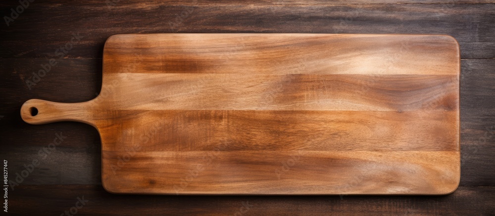 Leinwandbilder a top down view of a rectangular vintage style cutting board with a handle and a wooden spoon the im