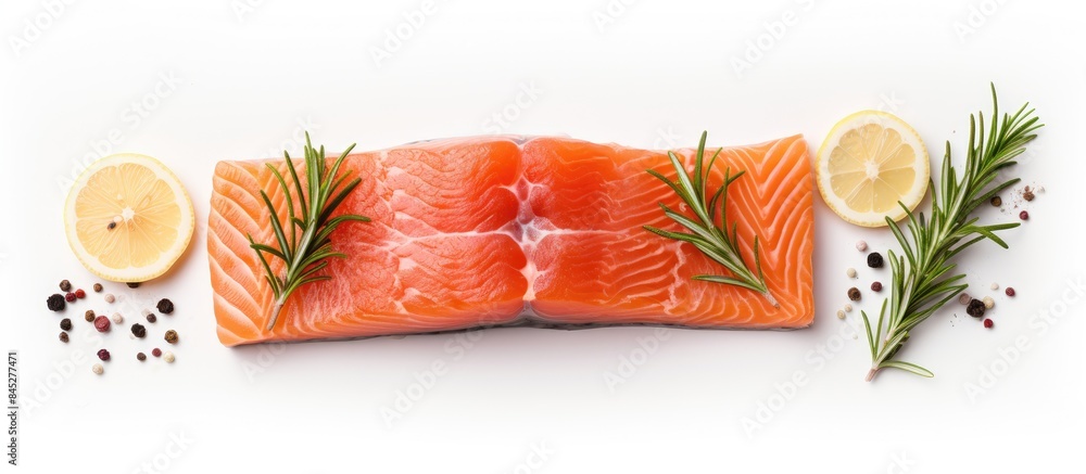 Poster a top down view of a raw piece of salmon accompanied by lemon slices and rosemary sprigs isolated on