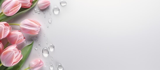 Top down view of a flat lay arrangement featuring a podium or pedestal adorned with tulips and water ripples This cosmetic themed template offers ample copy space