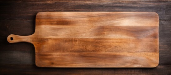 Obraz premium A top down view of a rectangular vintage style cutting board with a handle and a wooden spoon The image features empty space for copy or other elements