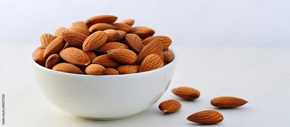 Poster a close up image of a delicious and healthy almond snack displayed in a white ceramic bowl placed on