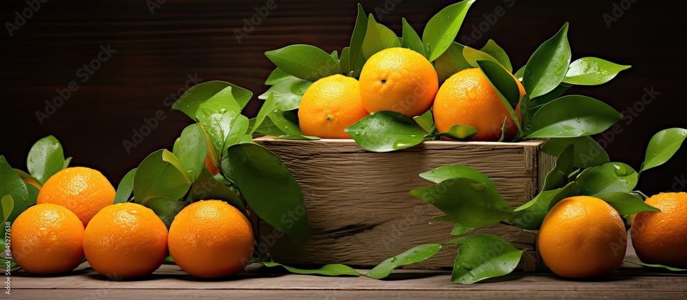 Aufkleber On the table there is a wooden box containing fresh mandarin oranges or tangerines with leaves creating a visually appealing copy space image