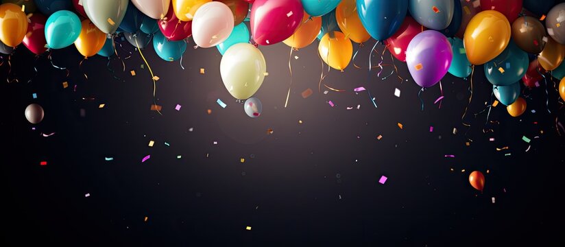 A colorful top view image displaying round shaped festive air balloons confetti and a celebratory ambience Perfect for a birthday party backdrop. Creative banner. Copyspace image