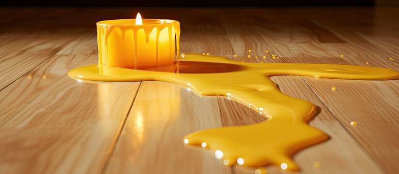 A stained floor serves as the backdrop for a sizable melted wax candle radiating a vibrant yellow hue its vicinity offering ample copy space for a visual