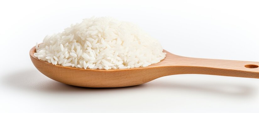 A close up shot of uncooked Jasmine rice neatly placed in a wooden spoon against a white backdrop Plenty of copy space available for customization or adding text