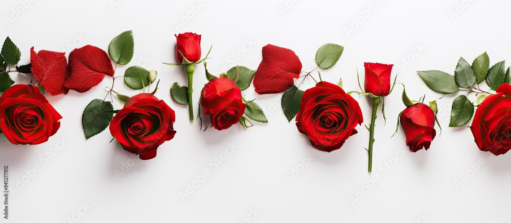 Aufkleber A top view of a white background showcasing gorgeous red roses and buds Ample space is available for adding text The image is presented as a flat lay