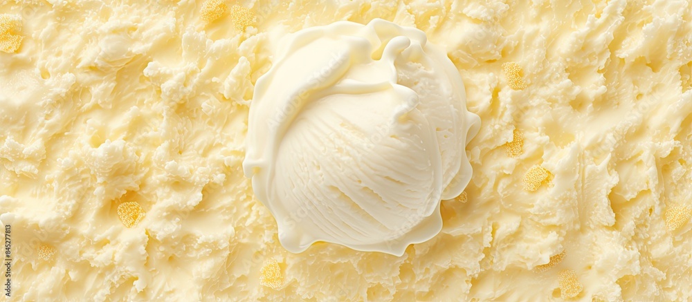 Poster top view of a copy space image featuring a background of scooped vanilla ice cream portraying a summ