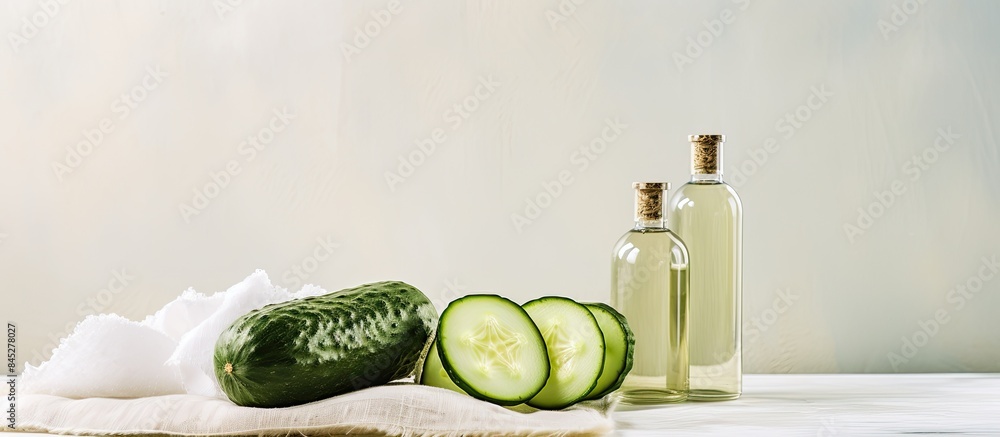 Poster a close up copy space image of a cucumber home spa and hair care concept featuring sliced cucumber o