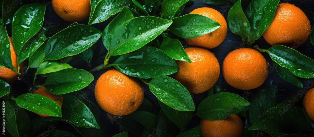 Poster the dark background showcases a plethora of orange tangerines with vibrant green leaves viewed from 