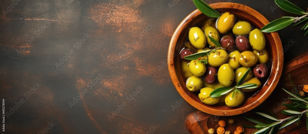 Poster a top down view of an appetizer featuring olives soaked in flavorful cold pressed olive oil the dish