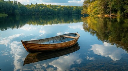 Obraz premium A peaceful scene of a calm lake reflecting the surrounding trees and sky, with a small wooden boat gently floating on the water, conveying a sense of tranquility and serenity.
