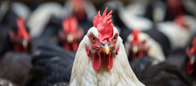 A gorgeous hen with a vibrant red comb and elegant brown black feathers roams gracefully amidst the white chickens in the farmyard It s captured in a close up shot with the background blurred providi