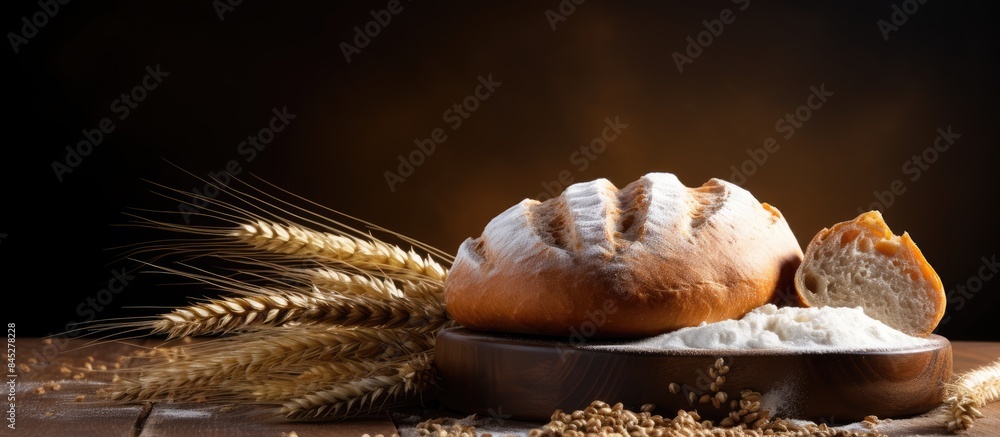 Poster high quality photo of a round whole bread placed on a wooden cutting board with flour sprinkled on i