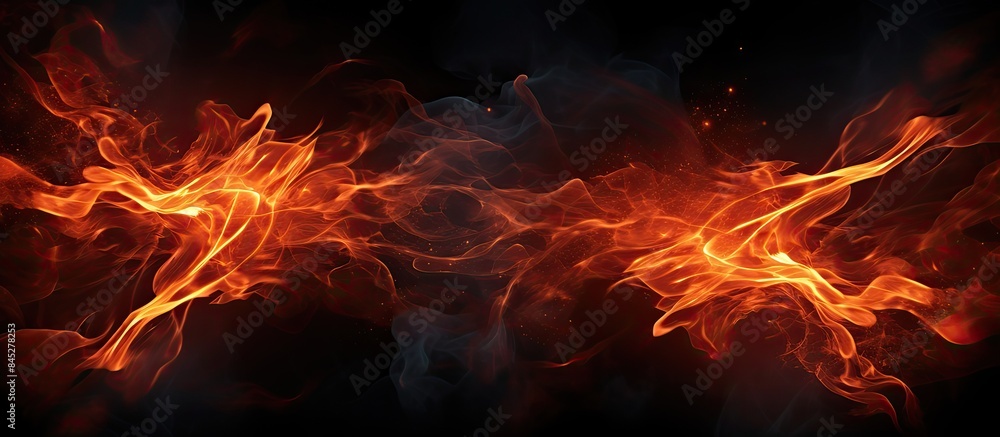 Poster abstract art black background with flames on fire depicting burning red hot sparks rising and fiery 