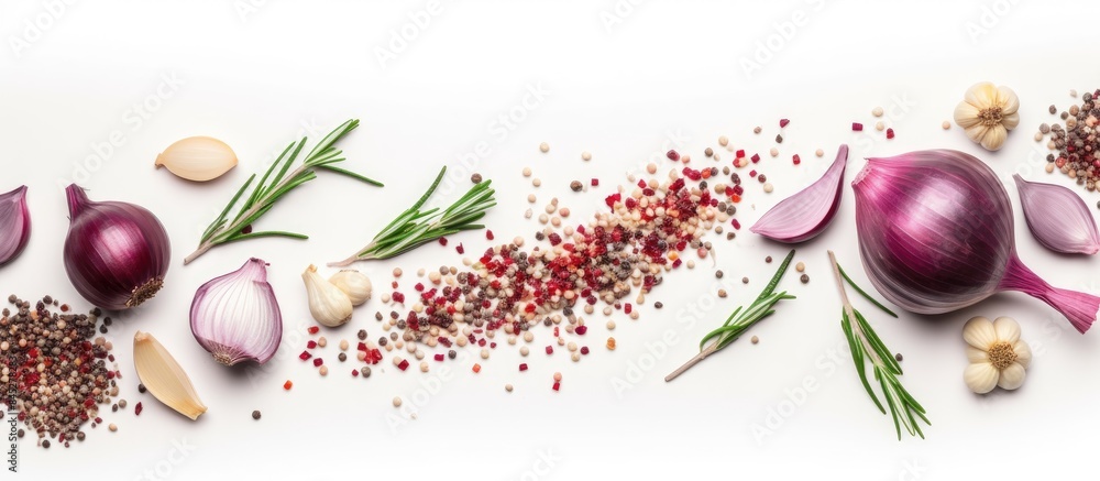 Aufkleber Top view of red onions garlic seasoned with rosemary and peppercorns arranged on a white background Ample copy space is available for your text