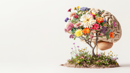 A human brain growing as a tree with flowers. Mental health, creative mind and positive thinking concept.