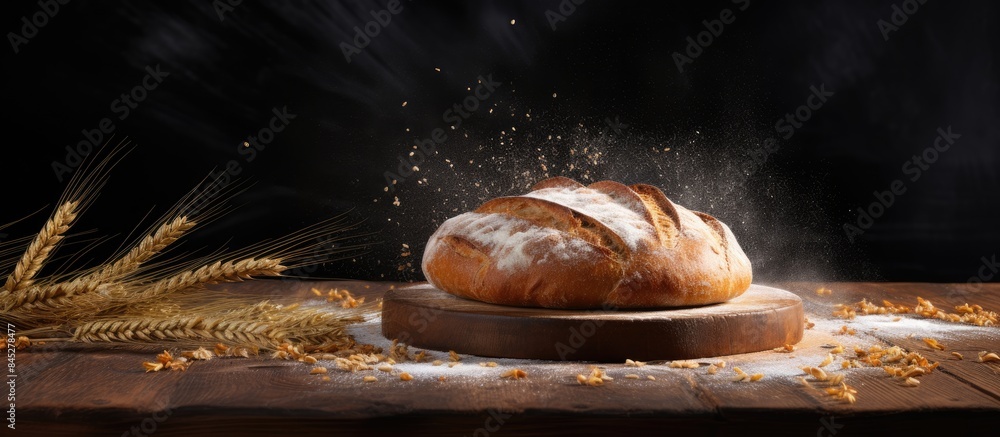 Poster high quality photo of a round whole bread placed on a wooden cutting board with flour sprinkled on i