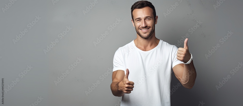 Poster european man in a clean white t shirt with a great smile posing halfway with his fingers pointing to