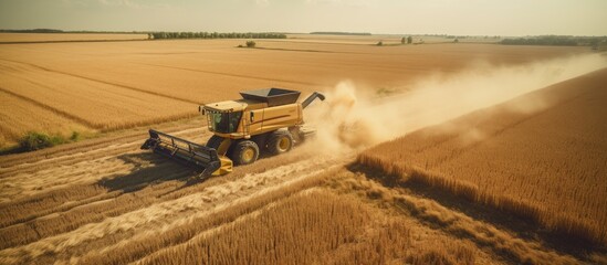A drone captures a bird s eye view of a rural landscape with a combine harvester working in a field during the late summer wheat harvest collecting golden ripe seeds The image provides plenty of copy