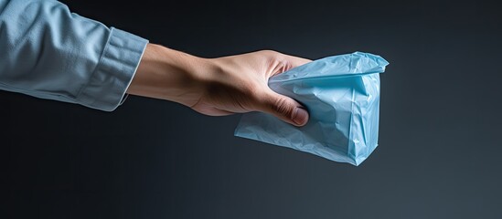 A blue medical glove clad hand presents a paper bag against a gray backdrop for a visually captivating copy space image relating to the notion of secure delivery