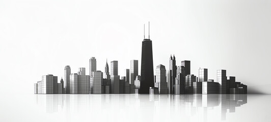 Architectural Simplicity, Minimalist black and white representation of iconic city buildings.