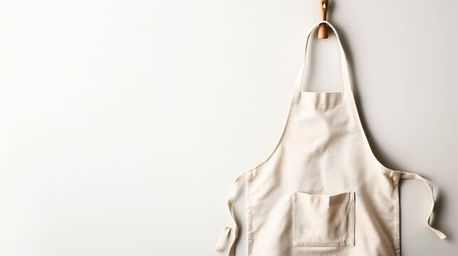 A beige kitchen apron with a front pocket hanging on a wooden hook against a light background. - Powered by Adobe