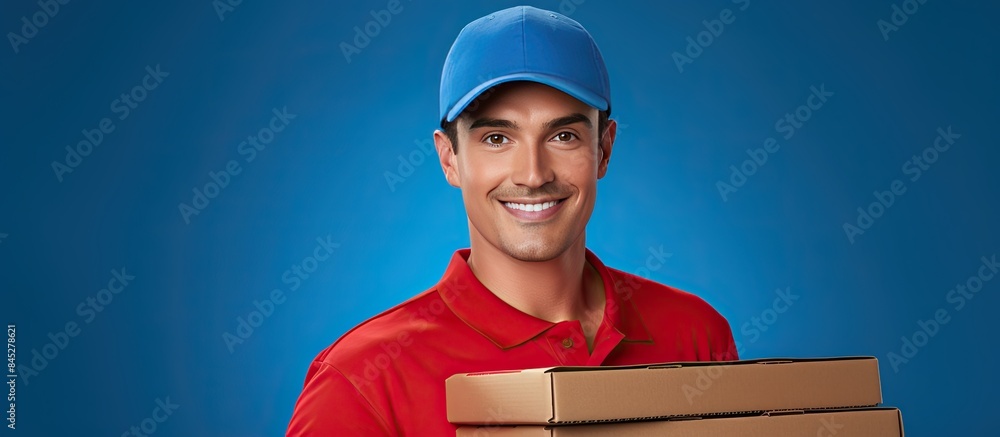 Aufkleber professional male delivery man wearing red workwear and a cap holding pizza boxes and posing for a s